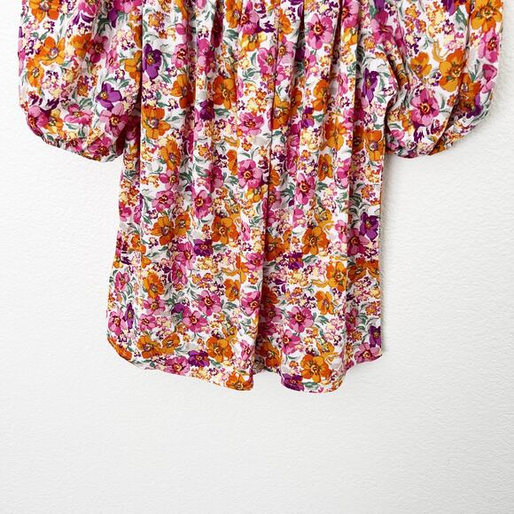 [W5] Pink Orange Floral Print Puff Sleeve Smocked Neck Scoop Blouse Sz Medium M - Picture 8 of 10
